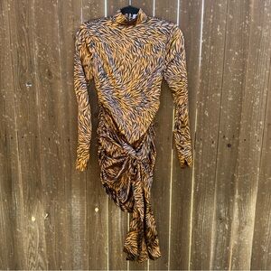 Likely Tiger Print Mini Dress Size 00 Long Sleeve Tie Waist Ruched